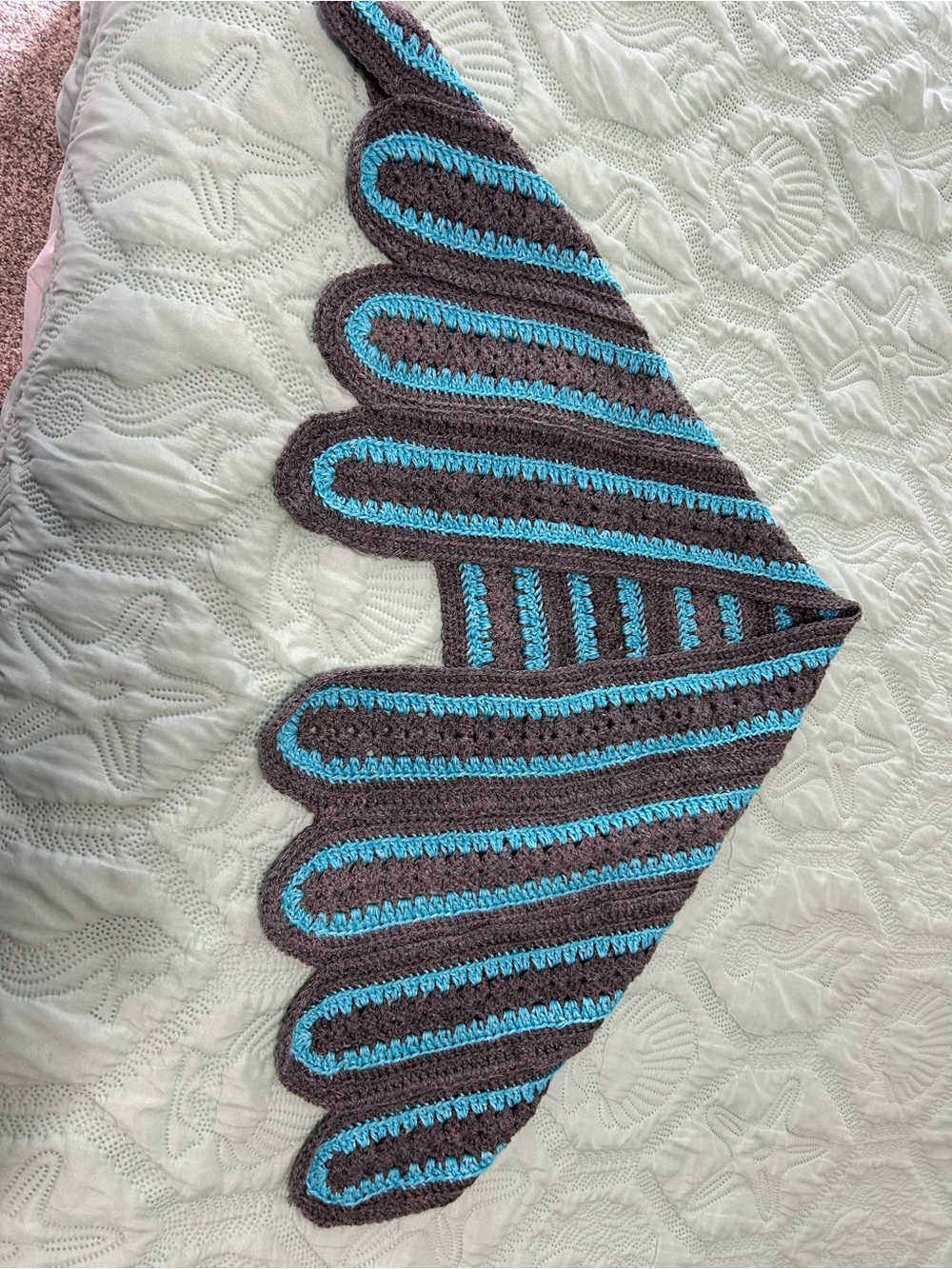 Handmade Crocheted Scalloped Lapghan in Gray and Teal
